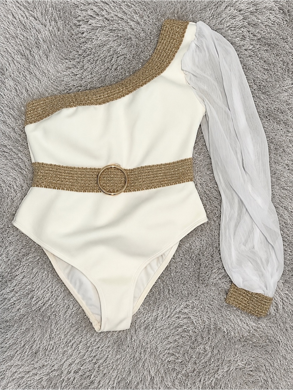 River Island Cream and Gold One-Shoulder One-Piece Swimsuit - 70s Disco Pool